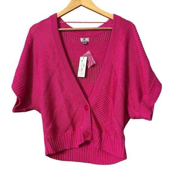 Worthington cropped short sleeve cardigan button-front closure vibrant pink dolm - Picture 1 of 9
